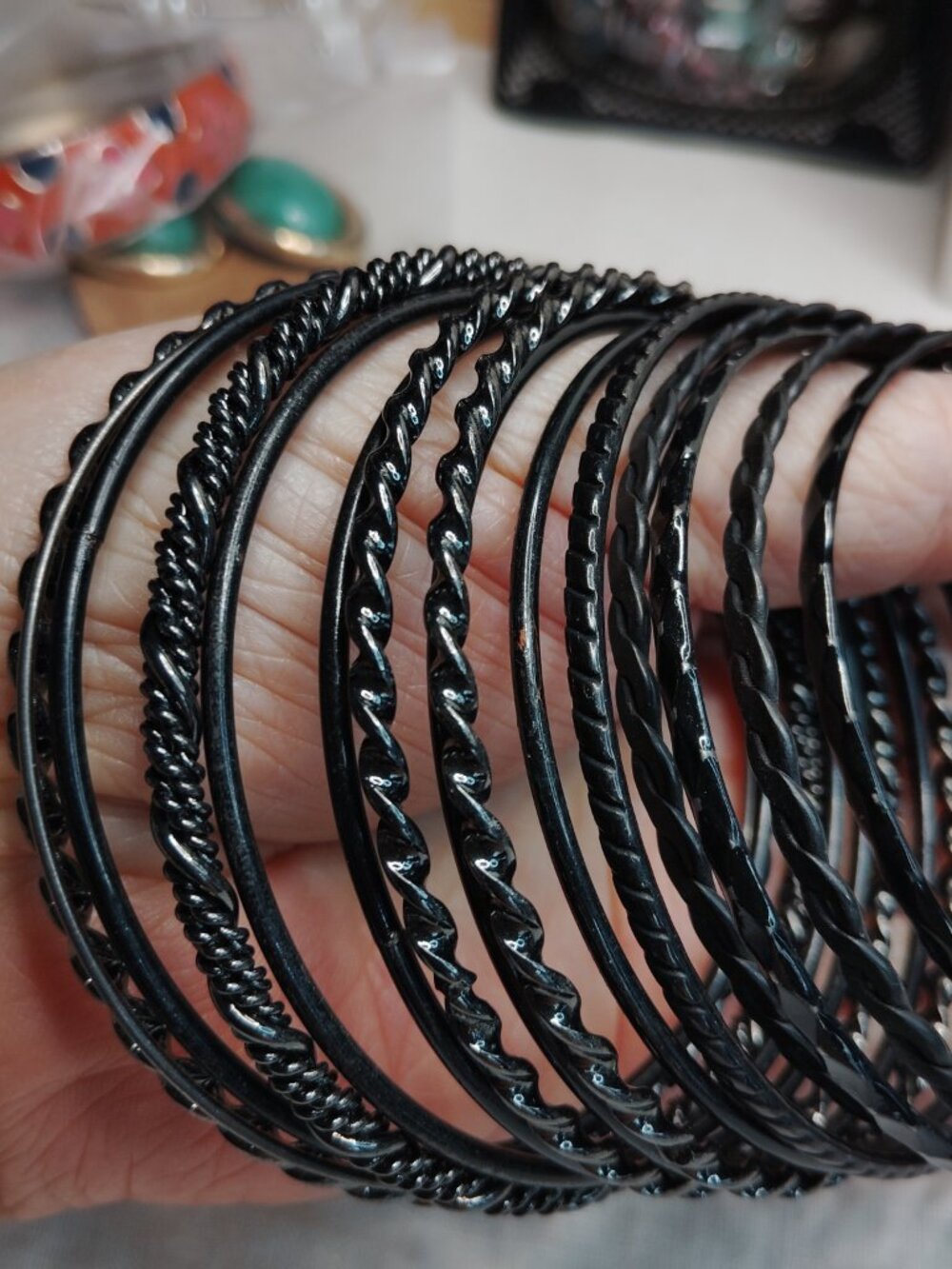 Set of 15 Black Metal Bangles, Mixed Matte & Shiny, 2.5"–3" Inner Diameter - Picture 4 of 4